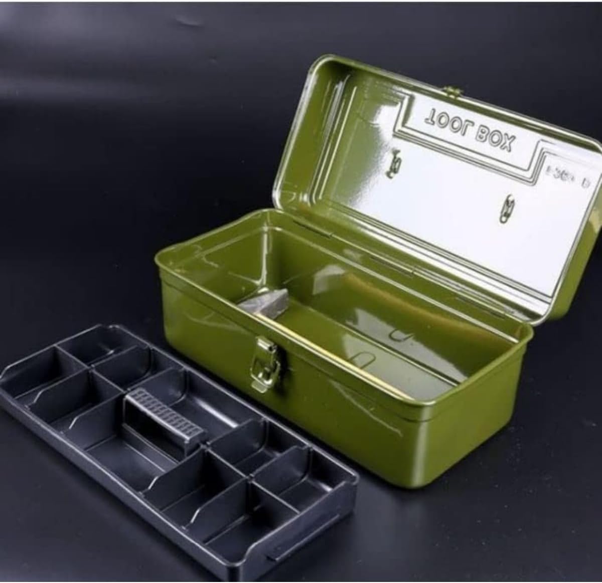 2段ステンレス製金属工具箱 取り外し可能トレイ付属 ロック機能内蔵 ポータブル工具収納ケース ハンドル付き設計 家庭用DIY工具整理