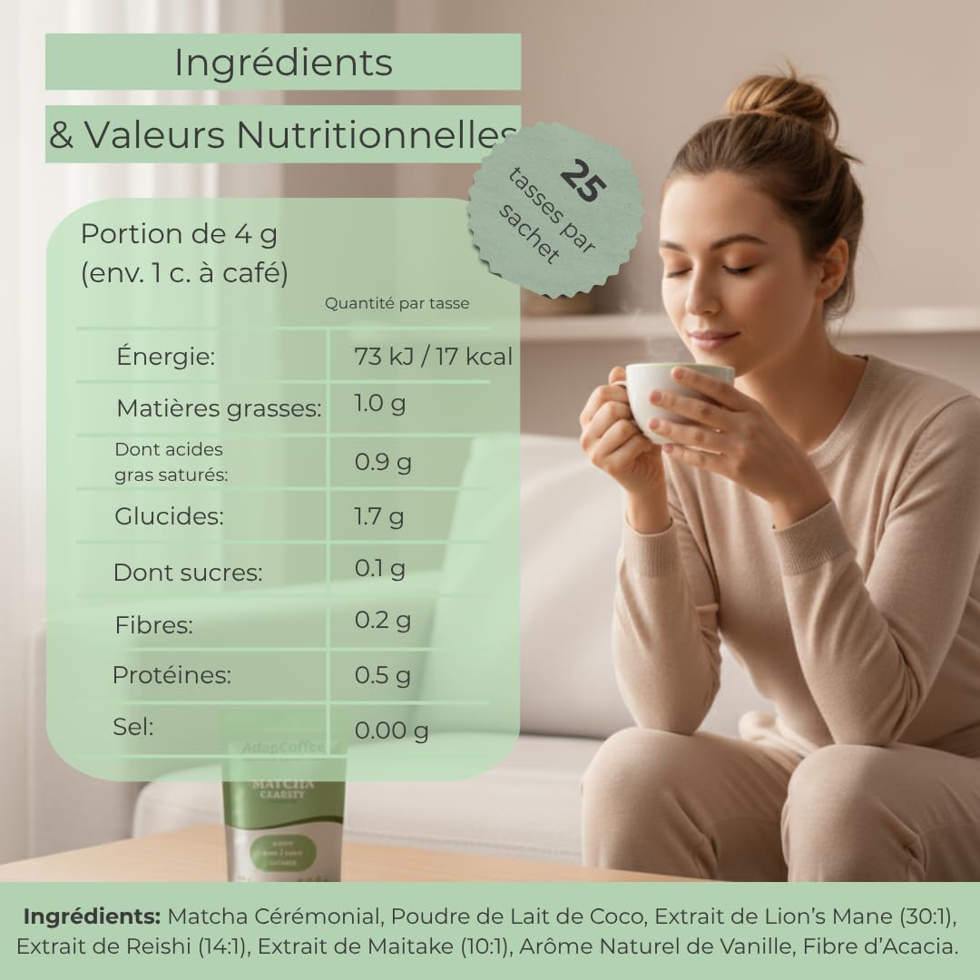 Matcha Clarity – Thé Matcha Cérémonial aux Champignons Adaptogènes – Lion’s Mane, Reishi & Maitake – Énergie Naturelle & Concentration – Vegan, Sans Sucre Ajouté – 25 tasses (100g)