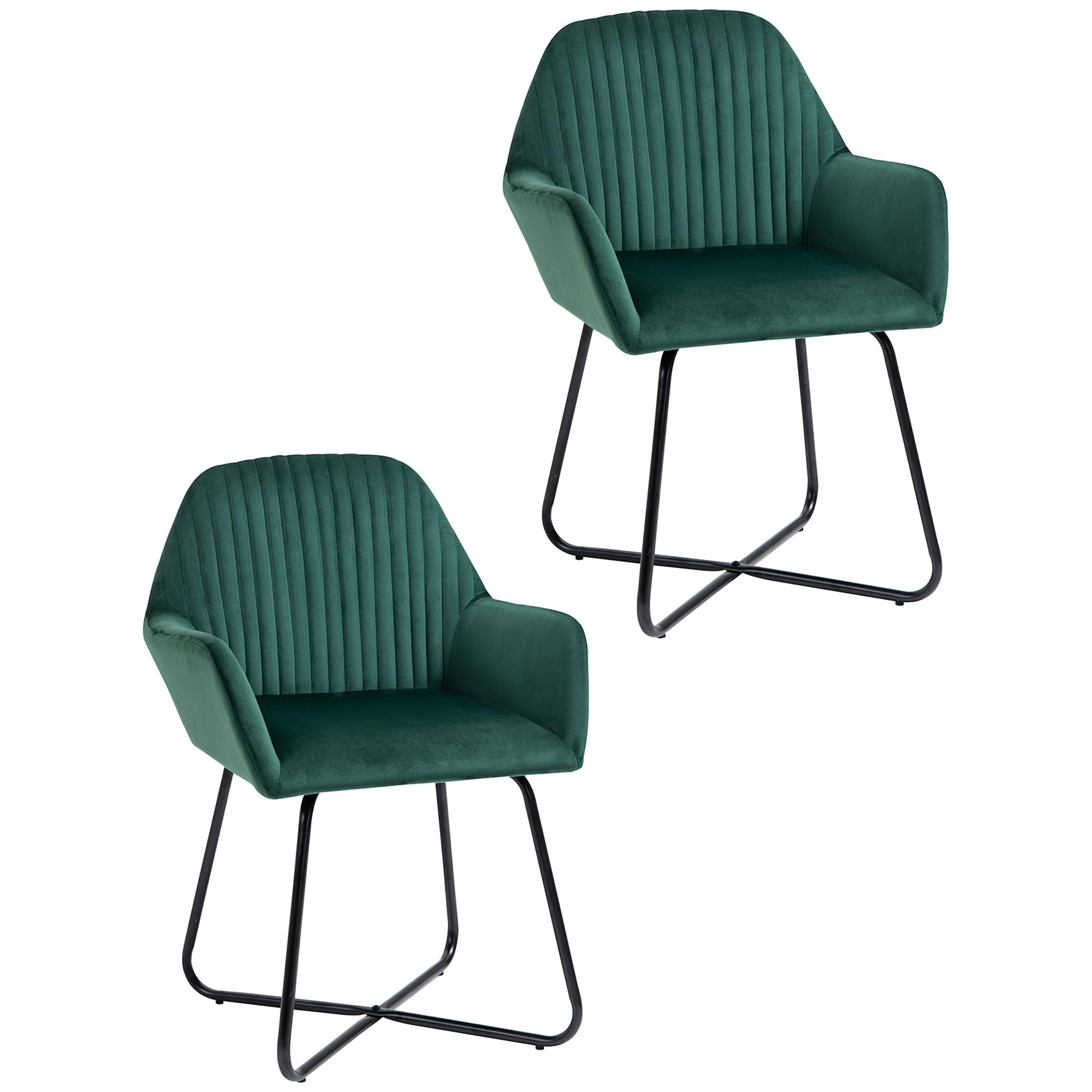 HOMCOM Modern Accent Chair, Velvet-Touch Fabric Upholstered Armchair with Metal Base for Living Room, Bedroom and Dinning Room, Set of 2, Green