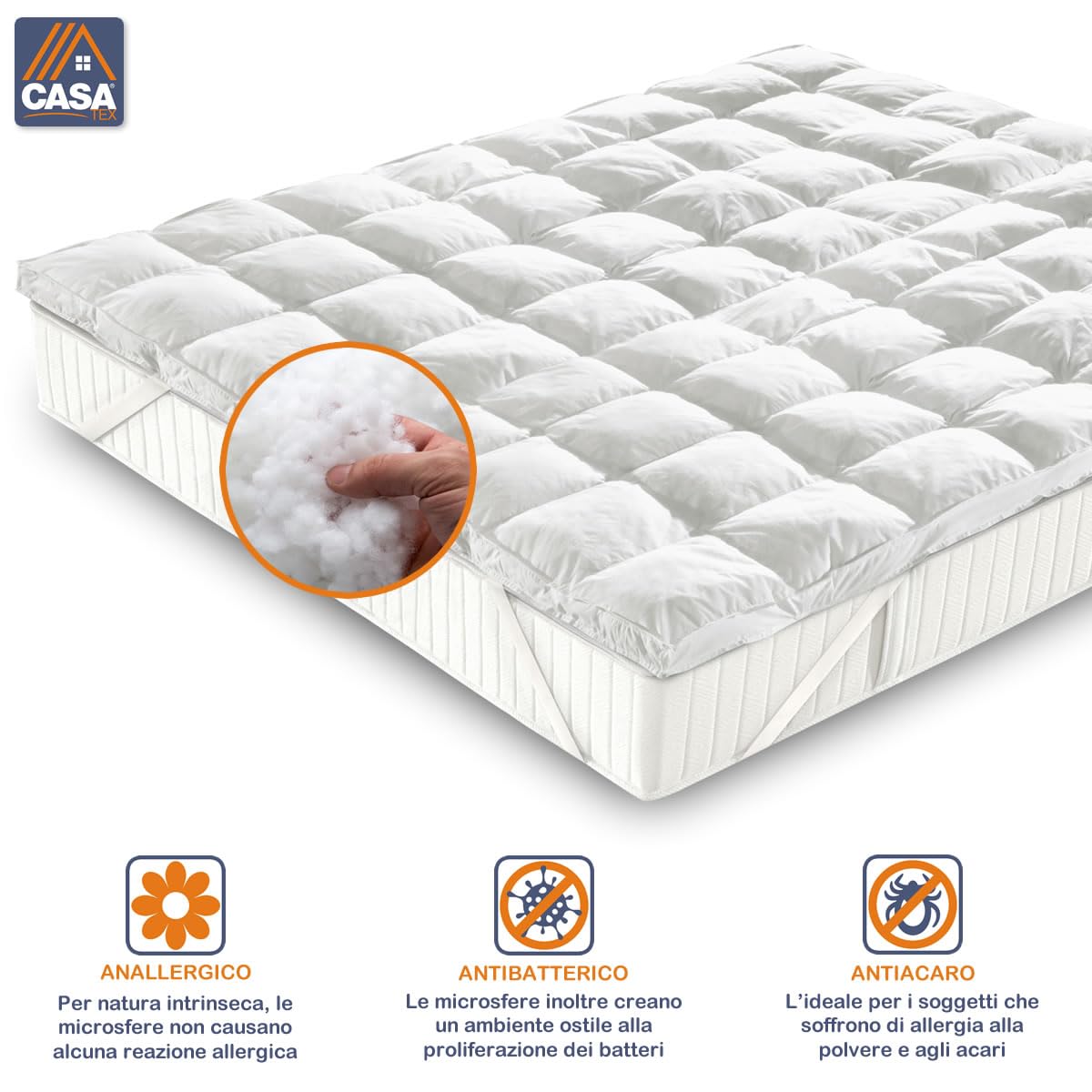 CASATEX | Topper Bed in Microsfere 5 cm – Coprimaterasso Trapuntato e Soffice, 100% Anallergico e Traspirante, corregge i difetti del materasso | Matrimoniale 170x200x5 cm