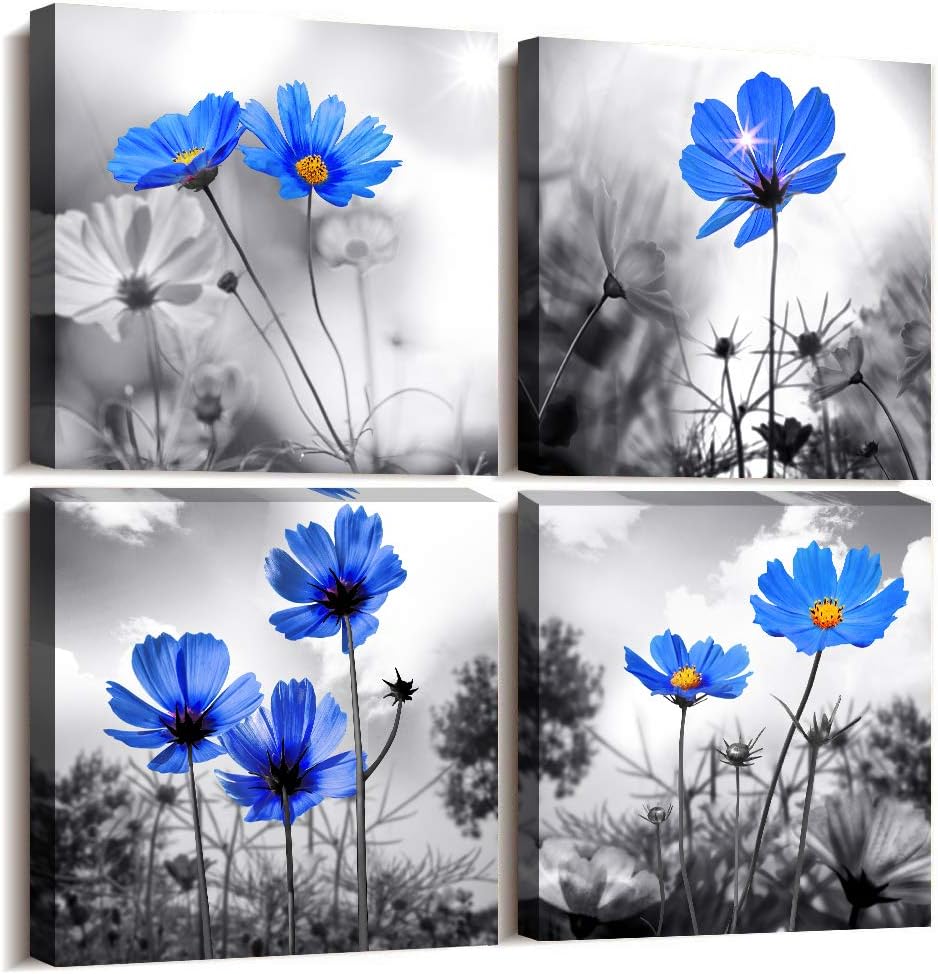 - hyidecorart Wall art 4 Panel Modern Salon Theme Black and White Plant The Blue flower Flower Abstract Painting Still Life Canvas Wall Art for Home Decor Flower Canvas Print For Living Room Decor