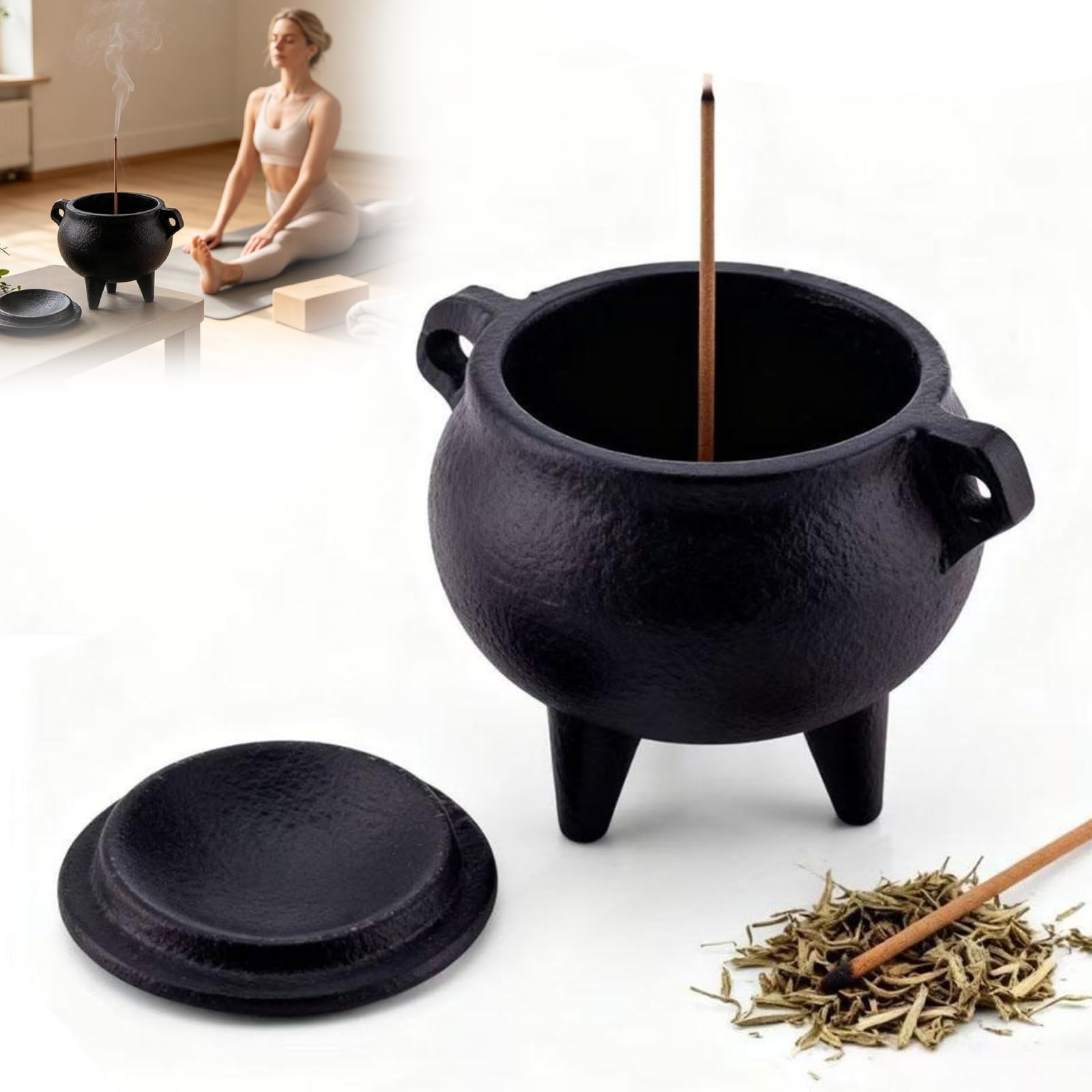 Incense Burner Cast Iron Cauldron - Tripod Mini Aromatherapy Pot with Removable Lid, Retro Smudge Bowl for Stick Cone Incense, Home Decor Meditation Altar Accessory (Black, 2.76")