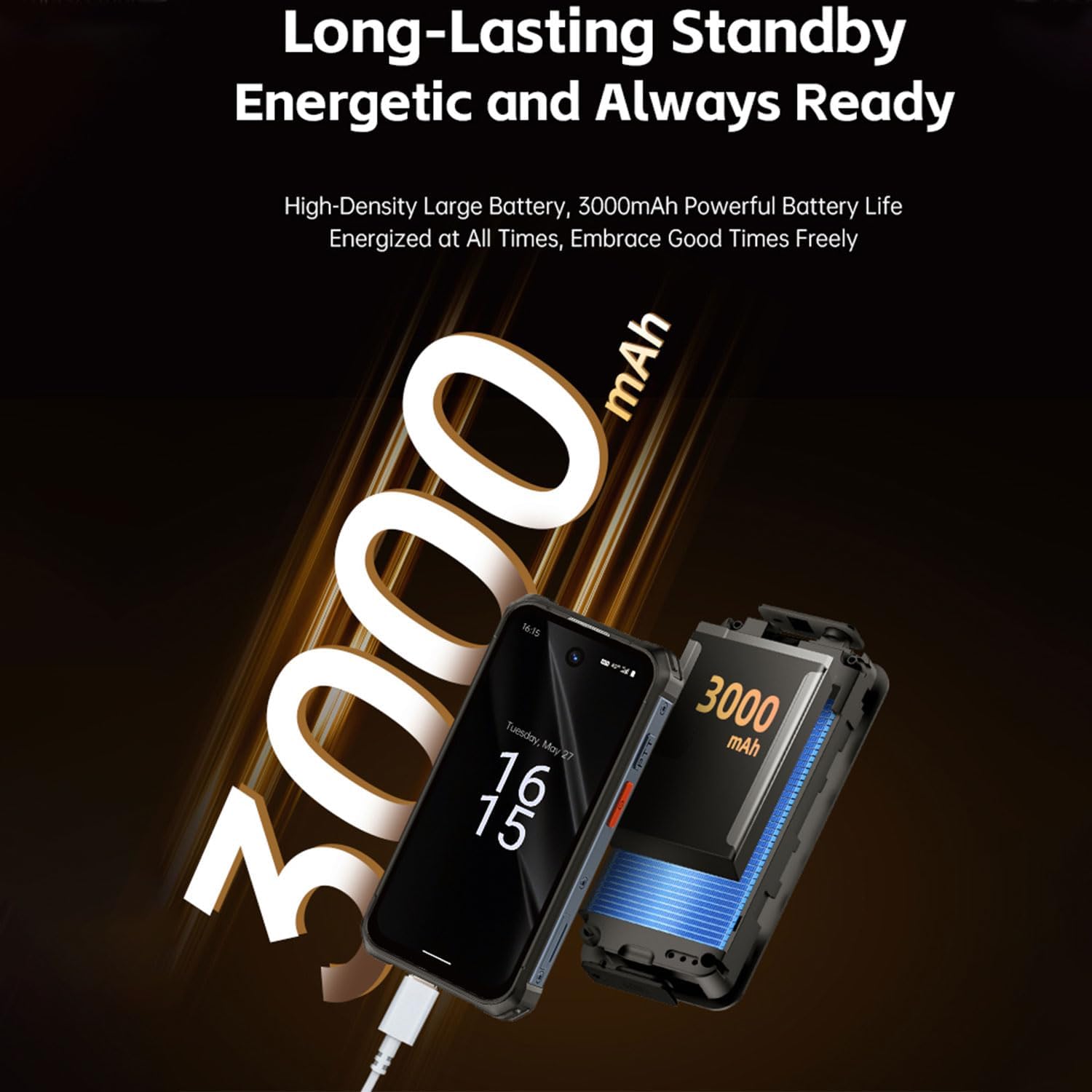 Hipipooo MAXo Mini Rugged Smartphone charging, showing 3000mAh battery