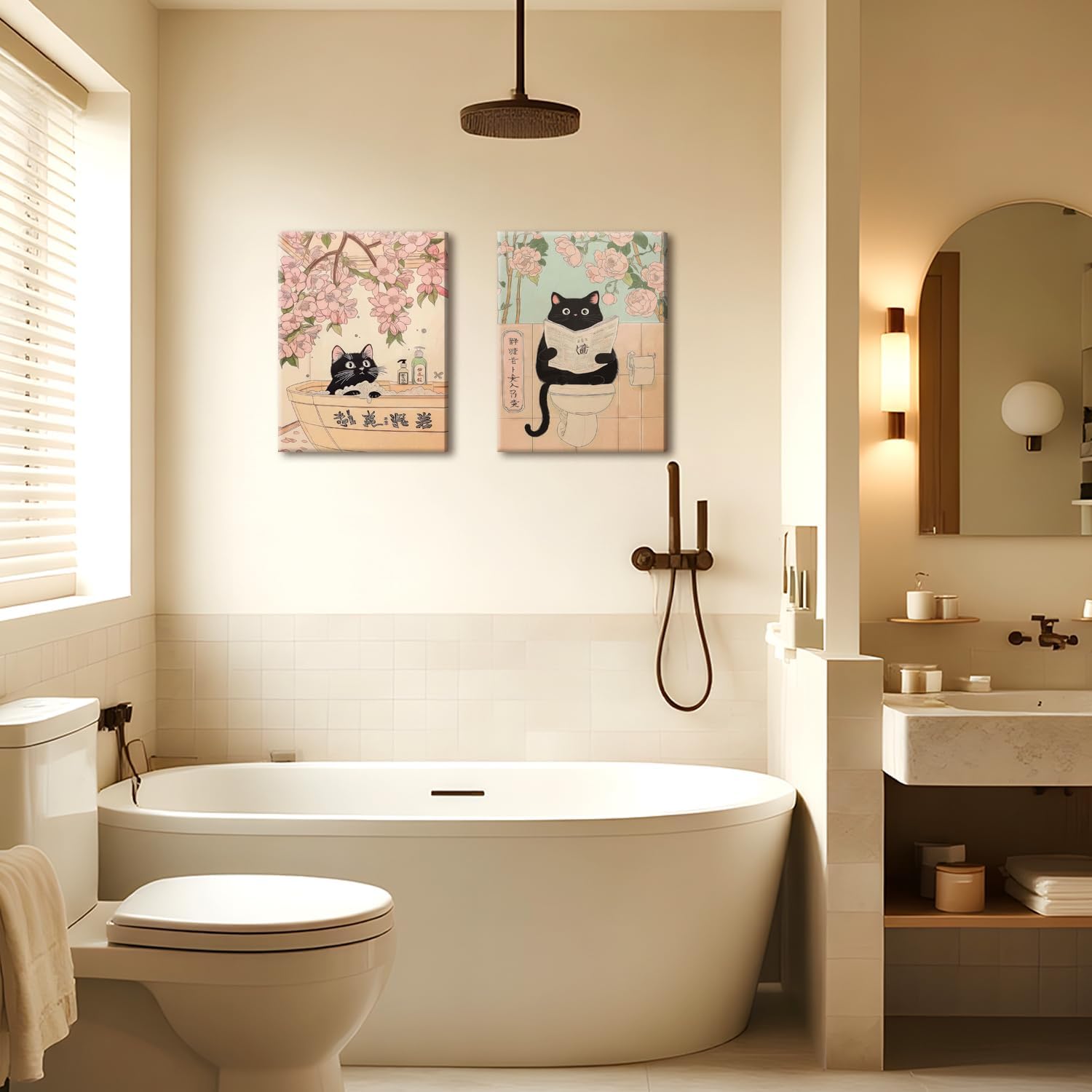 framed japanese bathroom wall art set of 2, funny black cat in bathtub and toilet pictures wall decor paintings, vintage cute animal canvas prints home decor for restroom spa room 16x24 inch black cat 24l" x 16w"