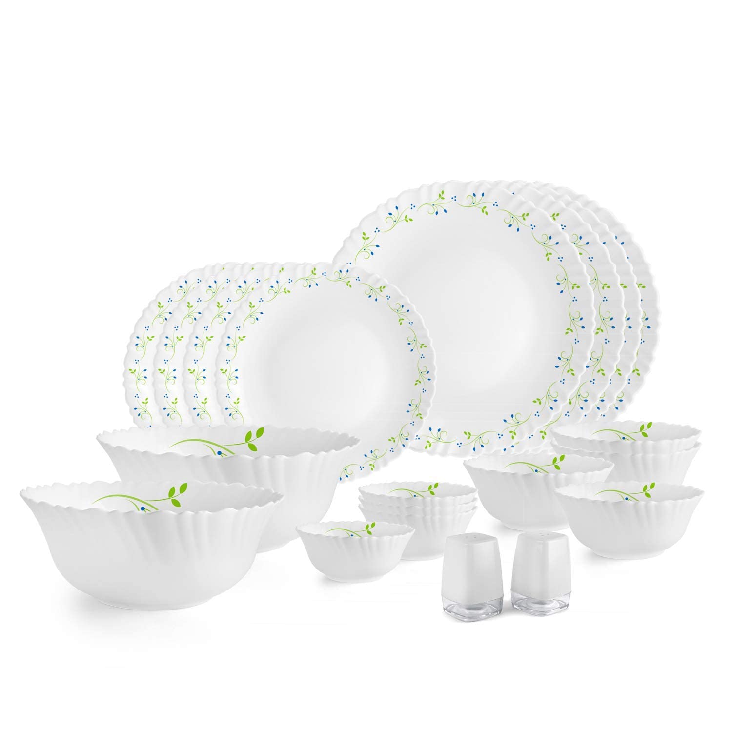 CELLO Tropical Lagoon Dazzle Series Opalware Dinner Set of 20 Pieces For Family of 4 | Bone-Ash Free & Leadfree Opal Glass, Microwave & Dishwasher Safe Plates & Bowls Crockery Set For Dining & Gifting