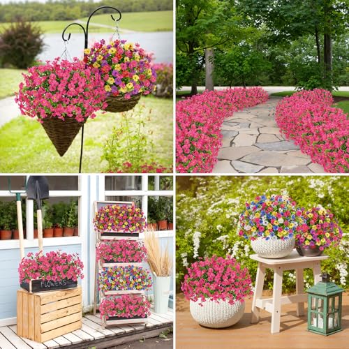 Image of Bassion 16 Bundles Artificial Flowers for Outdoors Fake Flowers, Fuschia | UV resistant, silk flowers, realistic faux plants for outdoor planter, window box porch patio garden home outside decor