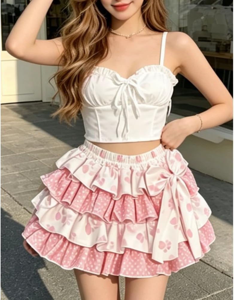 Women's Lolita Mini Skirt Sweet Y2K Floral Print with Ruffles & Bow Chiffon Pink Cake Skirt