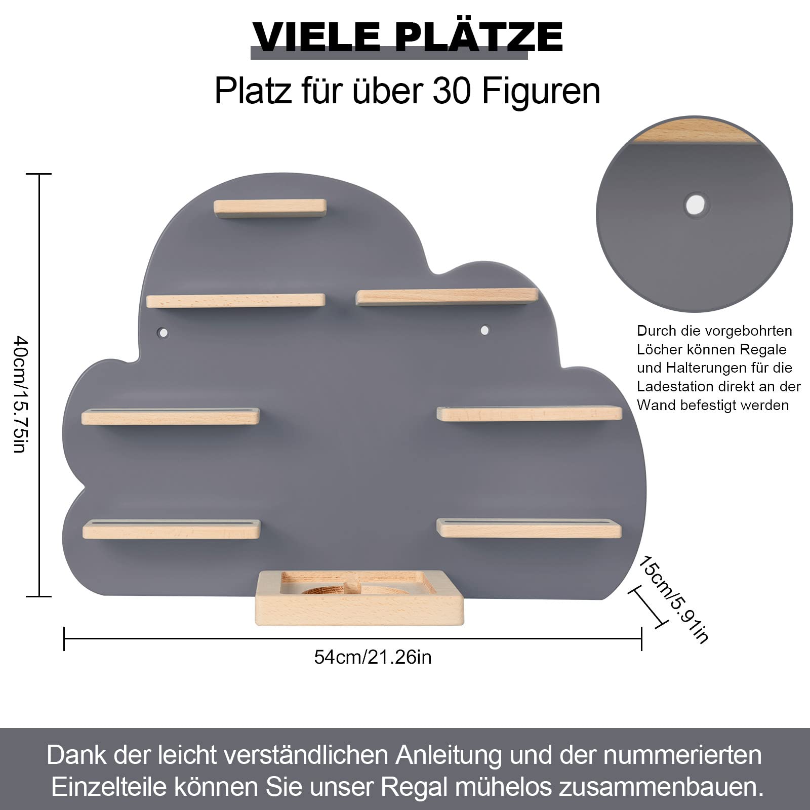 Kinder Regal kompatibel mit Toniebox und kompatibel mit Tonies für über 30 Figuren - Wandregal für die Musikbox - zum Spielen und Sammeln - für Kinder Baby Zimmer (Grau)