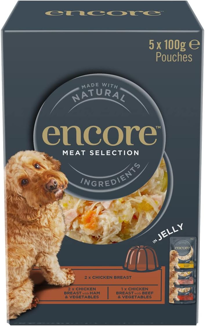 Encore Natural Wet Dog Food Pouches, Chicken with Meat Selection in Jelly Pouch, 100 g (Pack of 5x100g)