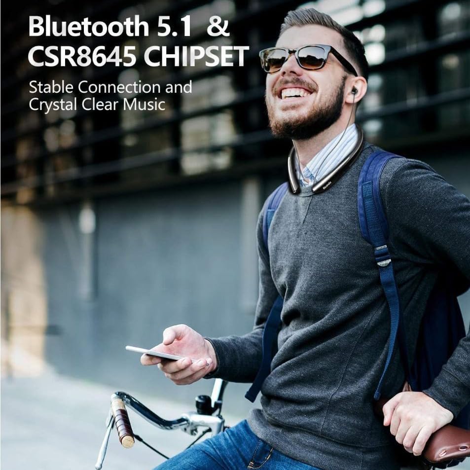 Image of Neckband Bluetooth Headphones, 24H Battery with Auto-Retractable in-Ear Earbuds, HiFi Stereo Sound & Hybrid Active Noise Cancelling for Sports, Gym, Running, Workout, Hands-Free Calling
