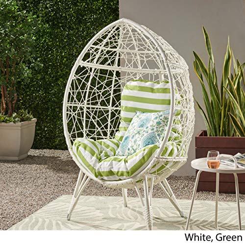 Valerie Outdoor Wicker Teardrop Chair With Cushion, White And Green #TOP2