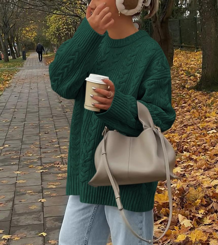 Okiwam Women's Oversized Sweaters Crewneck Cable Knit Pullover Casual Loose Fall Outfits Fashion Clothes 2025