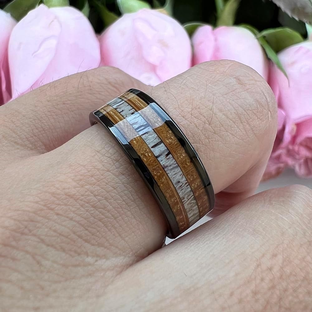 TUTISS 8mm Silver Black Tungsten Rings for Men Women Wedding Bands Whisky Barrel Wood Deer Antler Inlay Flat Polished Shiny Comfort Fit