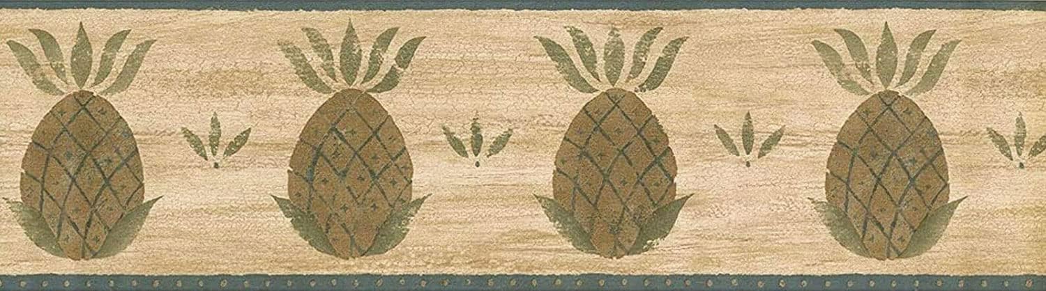 Concord Wallcoverings Wallpaper Border Vintage Pattern Pineapples for Cottage Kitchen Dining Room, Beige Green, 15 ft by 6.5 in GG54171B
