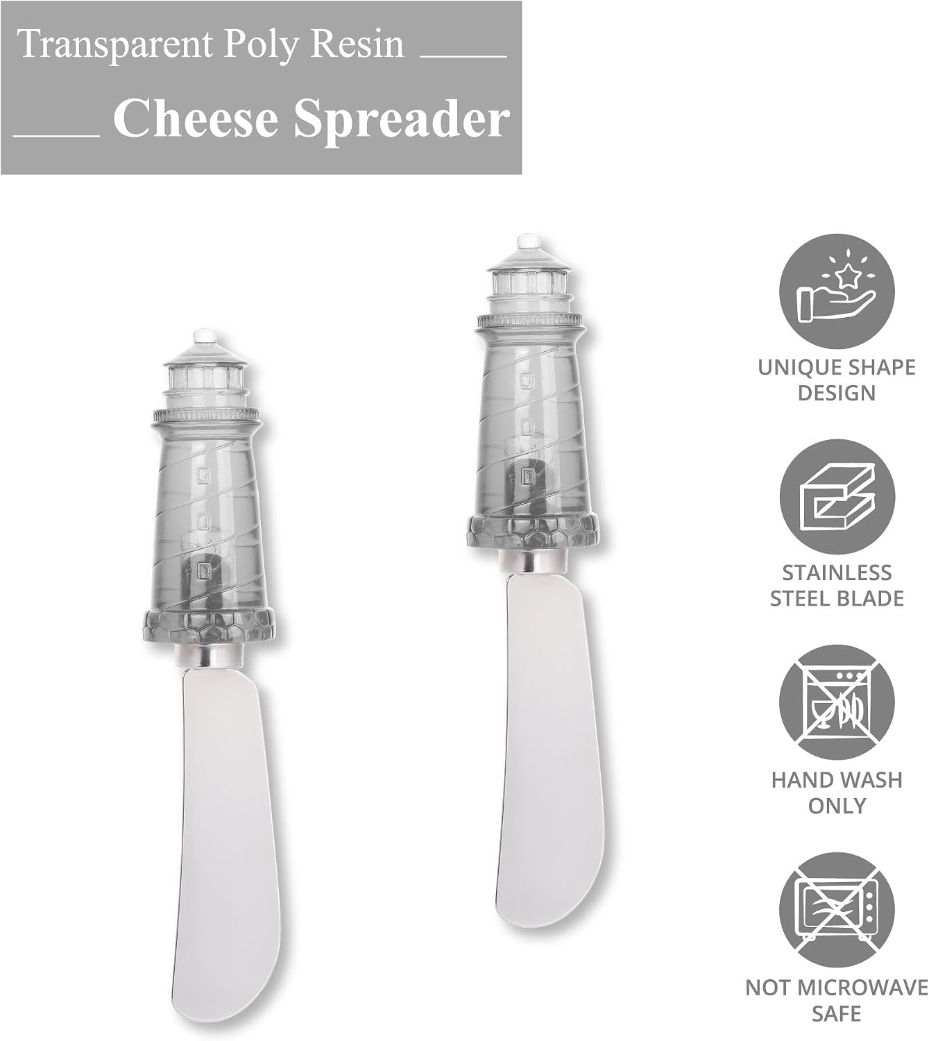 Supreme Housewares Lighthouse Cheese Spreader Set, Transparent Polyresin Handle with Stainless Steel Blade, for Cheese, Cream, and Dips, Gray, 5.5 Inch, Set of 2