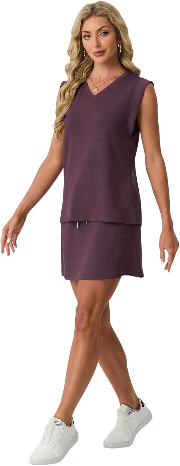 GRECERELLE 2026 Women Summer Casual 2 Piece Outfits Skort Sets Sleeveless V-Neck Top & Tennis Skirt with Pockets for Athletic
