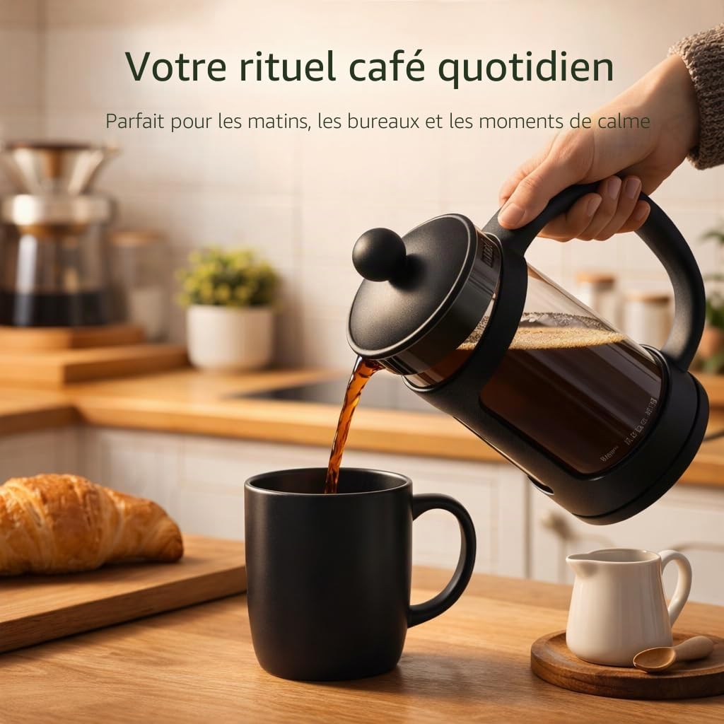 GLOW Classic Continental Cafetière noire 350 ml – Cafetière manuelle de qualité supérieure avec cafetière à piston en verre trempé résistant aux chocs et filtre à piston pour haricots moulus expresso