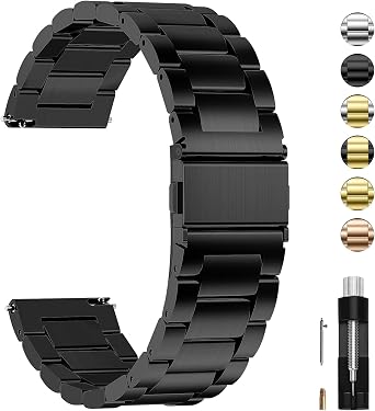 Fullmosa 20mm Quick Release Metal Watch Band for Garmin Samsung | With Spring Bars & Link Removal Tool,Strap for Garmin Vivoactive 6/5,Venu Sq 2/Sq,Samsung Galaxy Watch 5/4 40mm 44mm Black