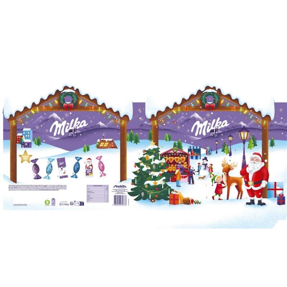 MILKA - 1 Calendrier de l'Avent Magic Mix Milka - Assortiment d'œufs, tablettes et Père Noël en Chocolat au Lait du Pays Alpin - 1 Calendrier de 147g