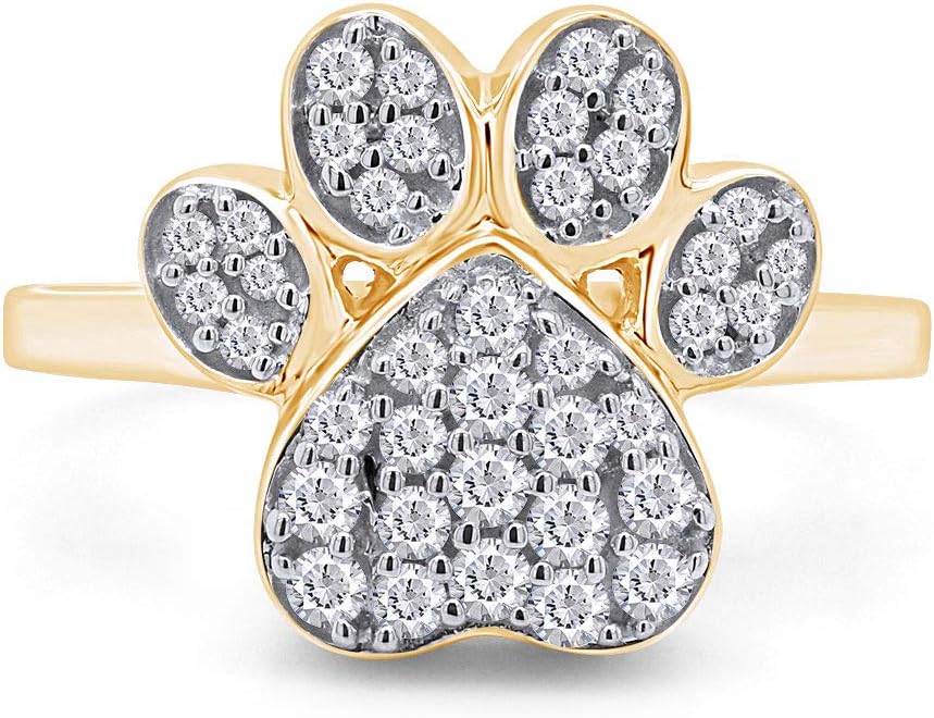 AFFY Round Shape White Cubic Zirconia Dog Pawprint Ring in 14k Gold Over Sterling Silver (0.4 cttw)