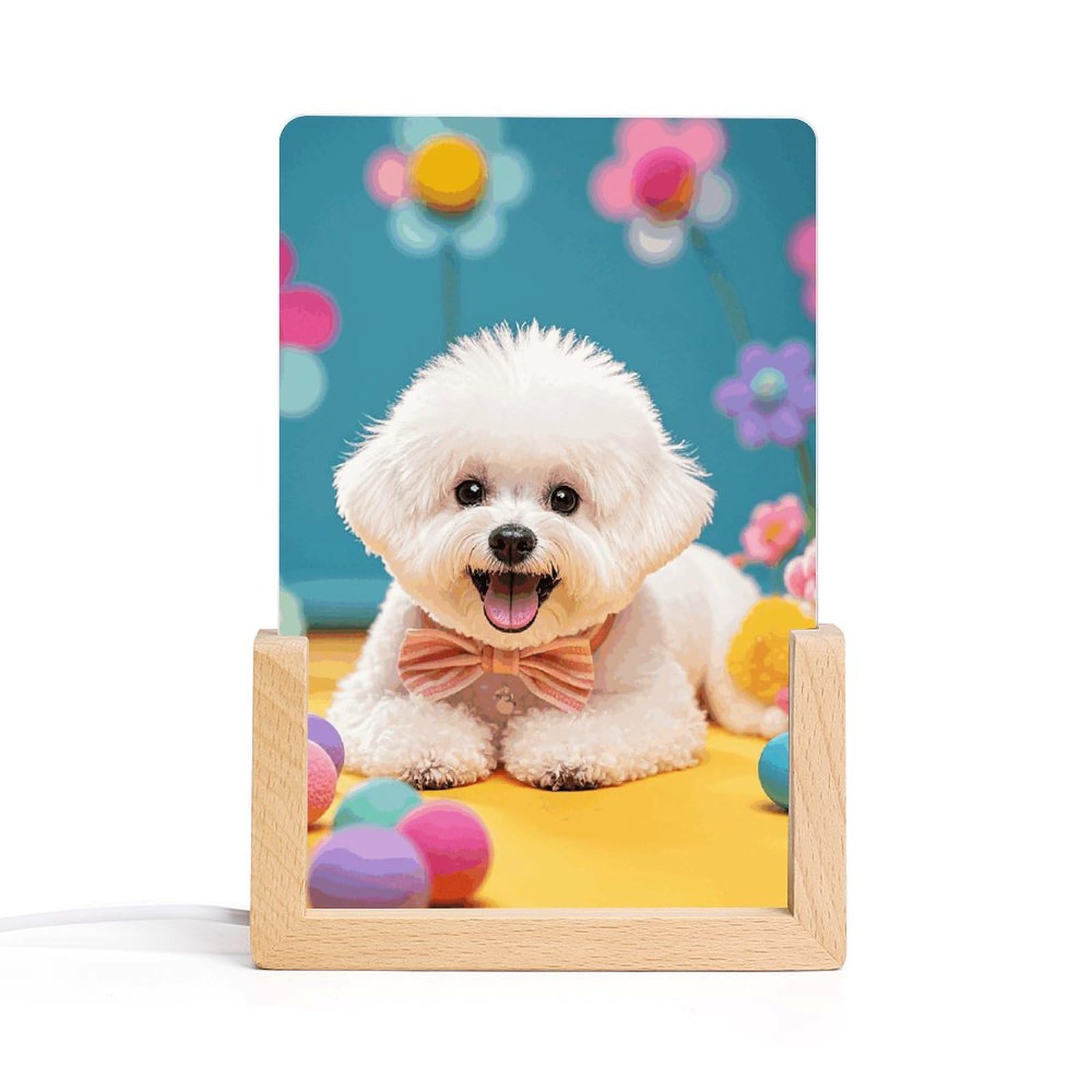 JTREHY Acrylic Night Light,Cute Bichon Frise Dog Printed Wooden Base LED Night Light Modern Home Decoration Light with USB Switch Cable for Bar Cafe Bedroom Room Decoration