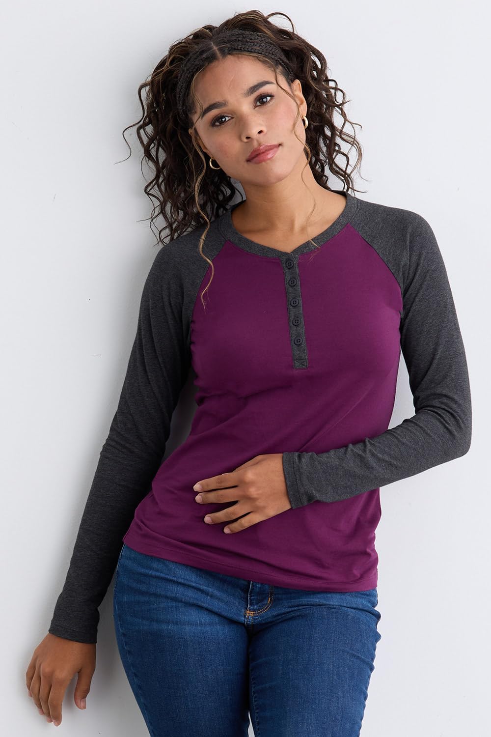 Fair Indigo Women's Organic Pima Cotton Raglan Sleeve Henley - Image 3