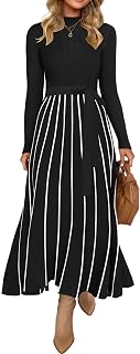 ZESICA Women's Turtleneck Long Sleeve Sweater Dress - Tie Waist Ribbed Knit A-Line Midi for Casual Fall Outfits