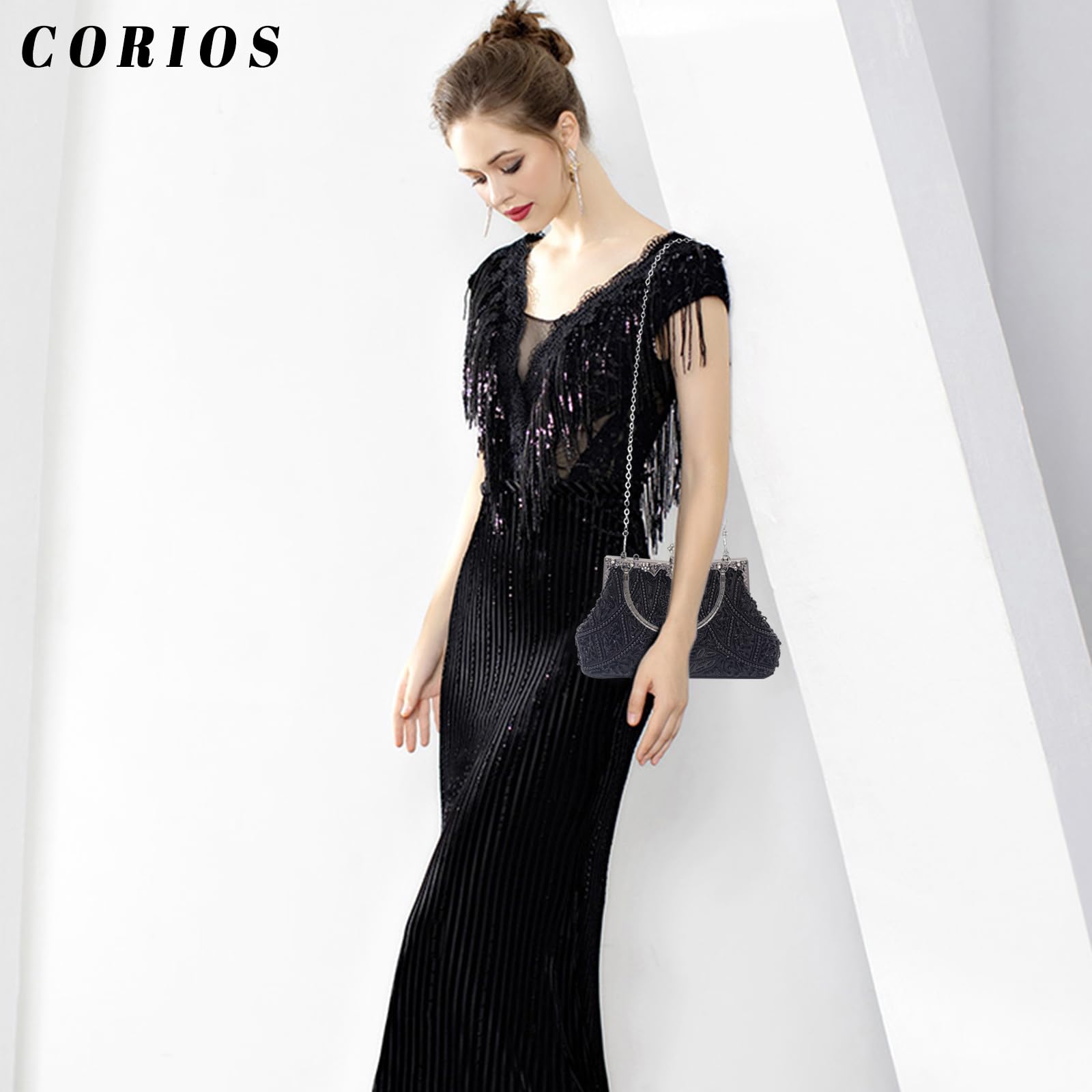 CORIOS Torba wieczorowa z koralikami w stylu lat 20. XX wieku dla kobiet perłowa kopertówka cekinowa torebka ślubna torebka ślubna