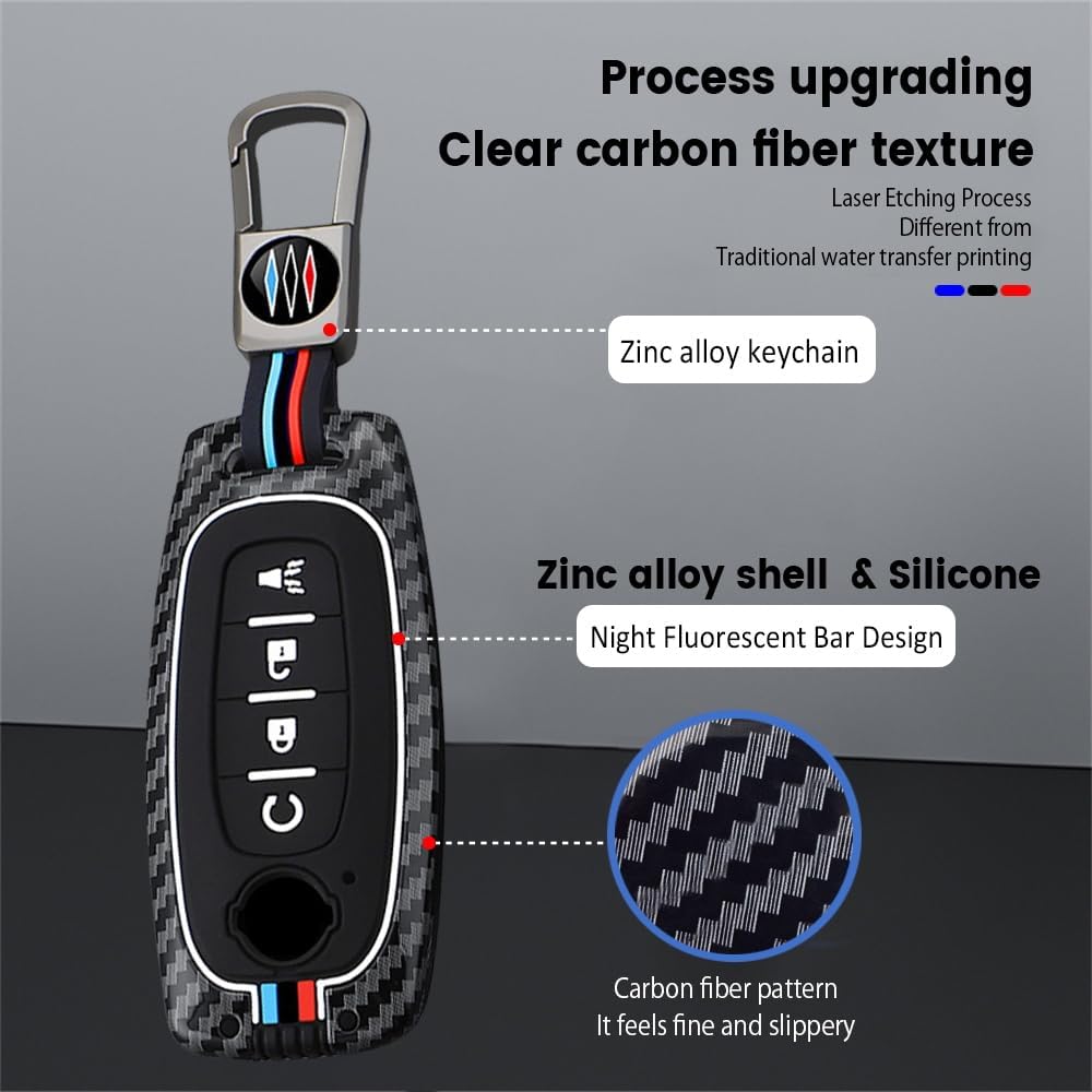KUNIO Fit for Nissan Car Key Fob Cover Case Fit for Teana Sentra X-Trail Pathfinder Qashqai J12 Rogue Juke Kicks 2022-2025 Carbon Fiber Pattern Metal Key Holder Accessories 4 Button Red Blue