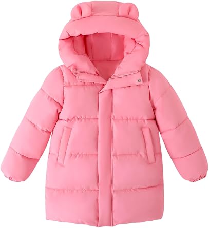 HILEELANG Kids Mid-Length Puffer Coat Warm Quilted Winter Jacket with Bear Ear Hood for Boys & Girls, Sizes 3-10 Years