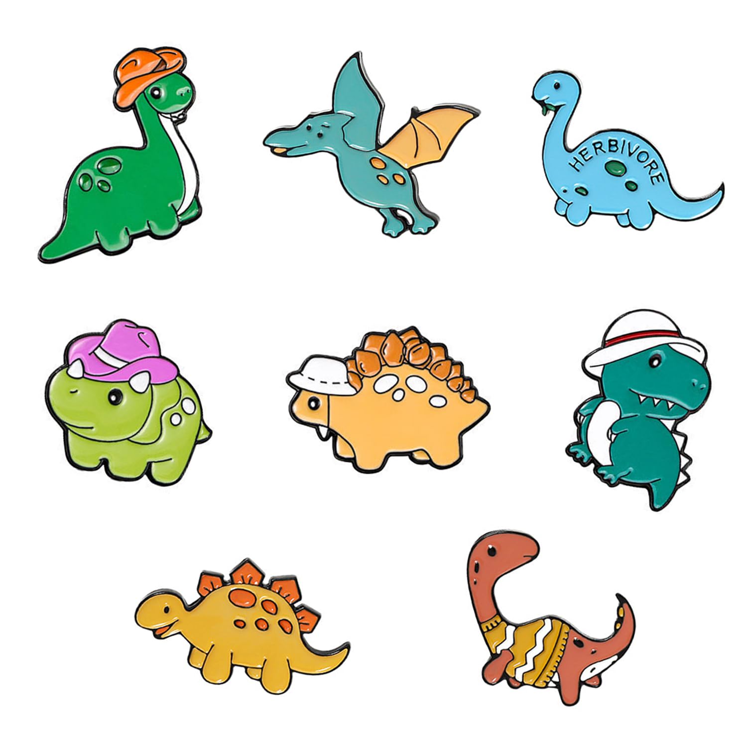 8 sztuk broszki z kreskówek dinozaurów, śliczne i kreatywne broszki, broszki dla dzieci, metalowe szpilki, szpilki do prezentów, ozdobne broszki, Taglia unica