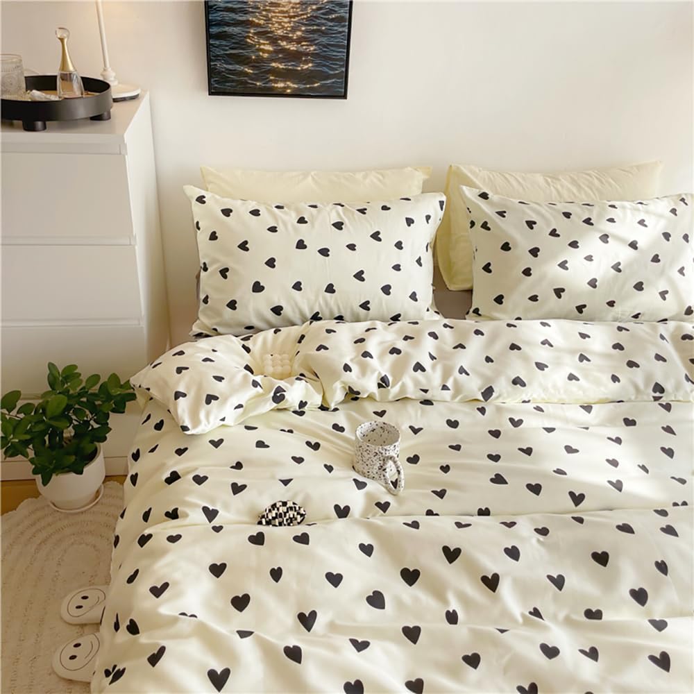 Covebett Duvet Cover King Heart Black and White Heart Print Kawaii Bedding Set Girls Black Love Hearts Aesthetic Microfiber Comforter Cover 220x230 with Zipper Closure and 2 Pillowcases 50x75 cm โ image 1