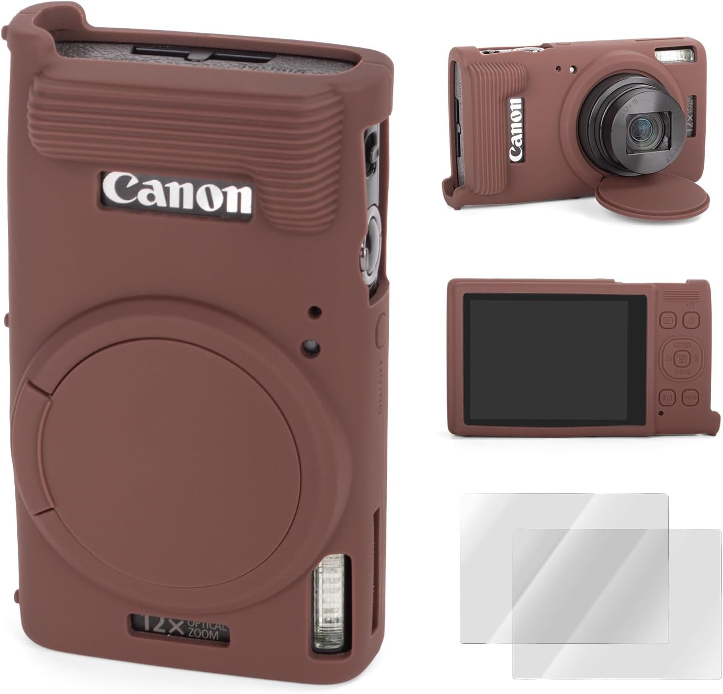 Rieibi Camera Case for Canon PowerShot ELPH 360, Accessories for Canon elph 360 Hs Camera with 2 Pack Screen Protectors & Detachable Lens Cover, Slim Fit Anti-Scratch Protective Sleeve(Coffee)