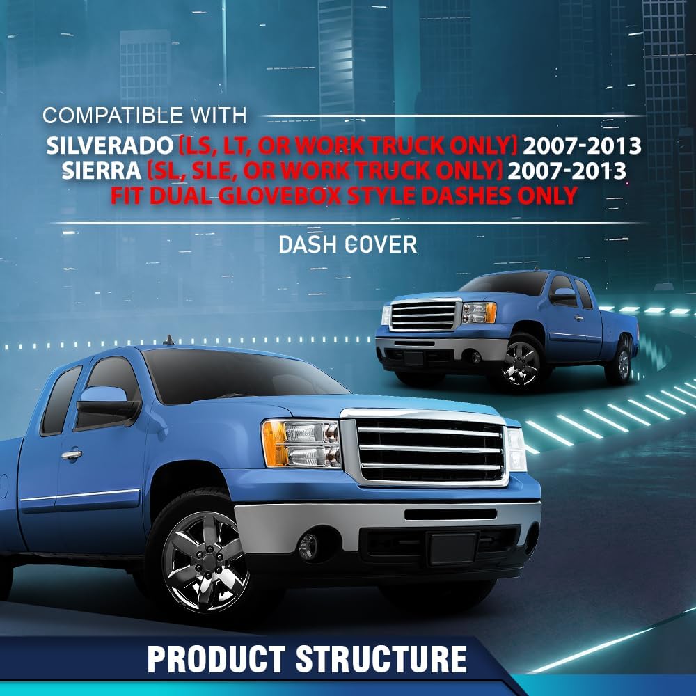 PIT66 Dash Cover Dashboard Bezel Fit Chevy Silverado (LS, LT, or Work Truck ONLY)/ GMC Sierra 2007-2013 (SL, SLE, or Work Truck ONLY), Fit Dual Glovebox Style Dashes Only TPE