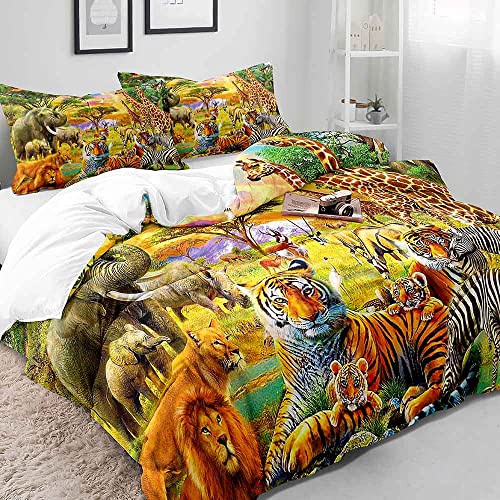 Vivihome 2Pcs Safari Animal Duvet Cover, Twin Bedding, Boys Kids Bedding, Zoo Jungle Animal Tiger Lion Elephant Zebra Giraffe African Wildlife Wild Animal Comforter Bedspread Quilt Cover, 1 Pillowcase #TOP2