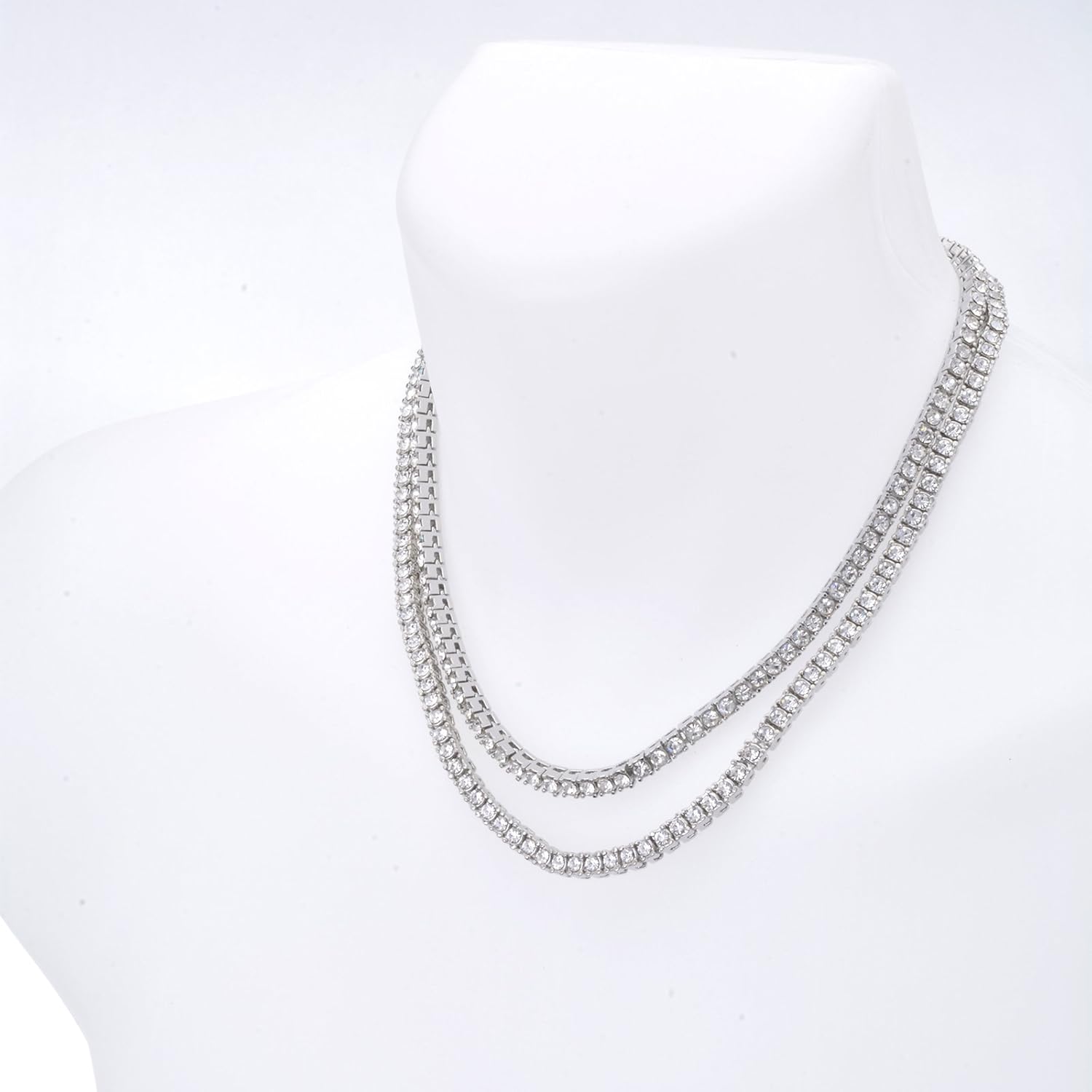 metaltree98 Men's Fashion Iced 4 mm CZ 18" / 20" Double Set Silver Plated Tennis Chain Necklace