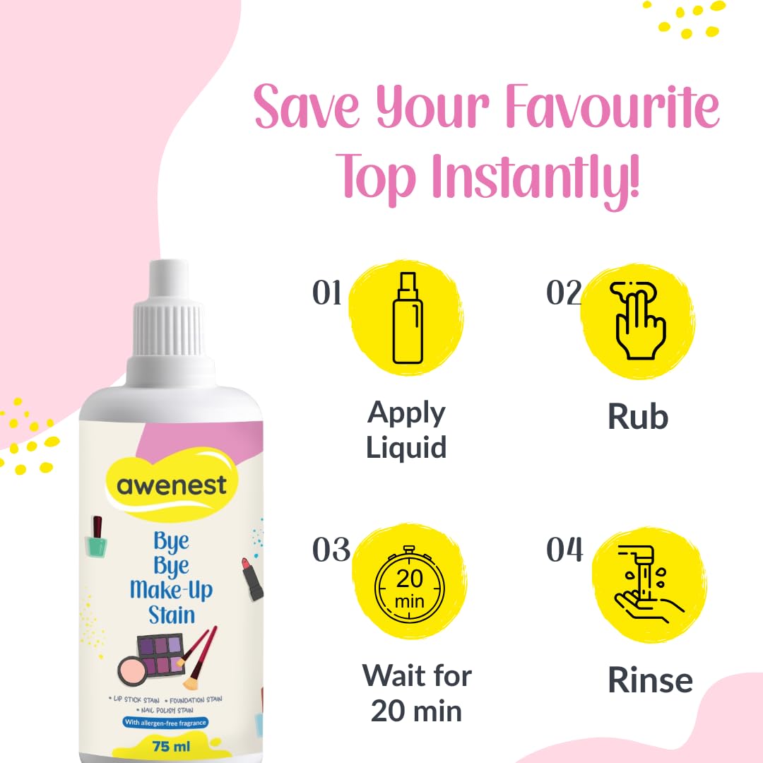 awenest Bye Bye Make-Up Stain Remover Spray for Fabric - Removes Lipstick, Foundation, Nail Polish, Ink & Other Tough Stains | Premium Spray Formula, 75 ml 1