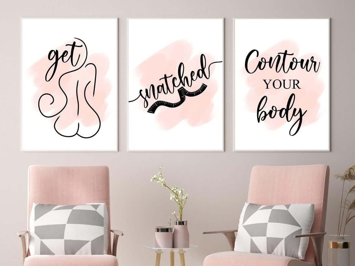 NATVVA 3 Piece Pink Wall Art Contour your body Body Contouring Print Picture Female Hustle Boss Quotes Canvas Artwork Wall Decor for Salon Beauty Room Decoration with Inner Frame