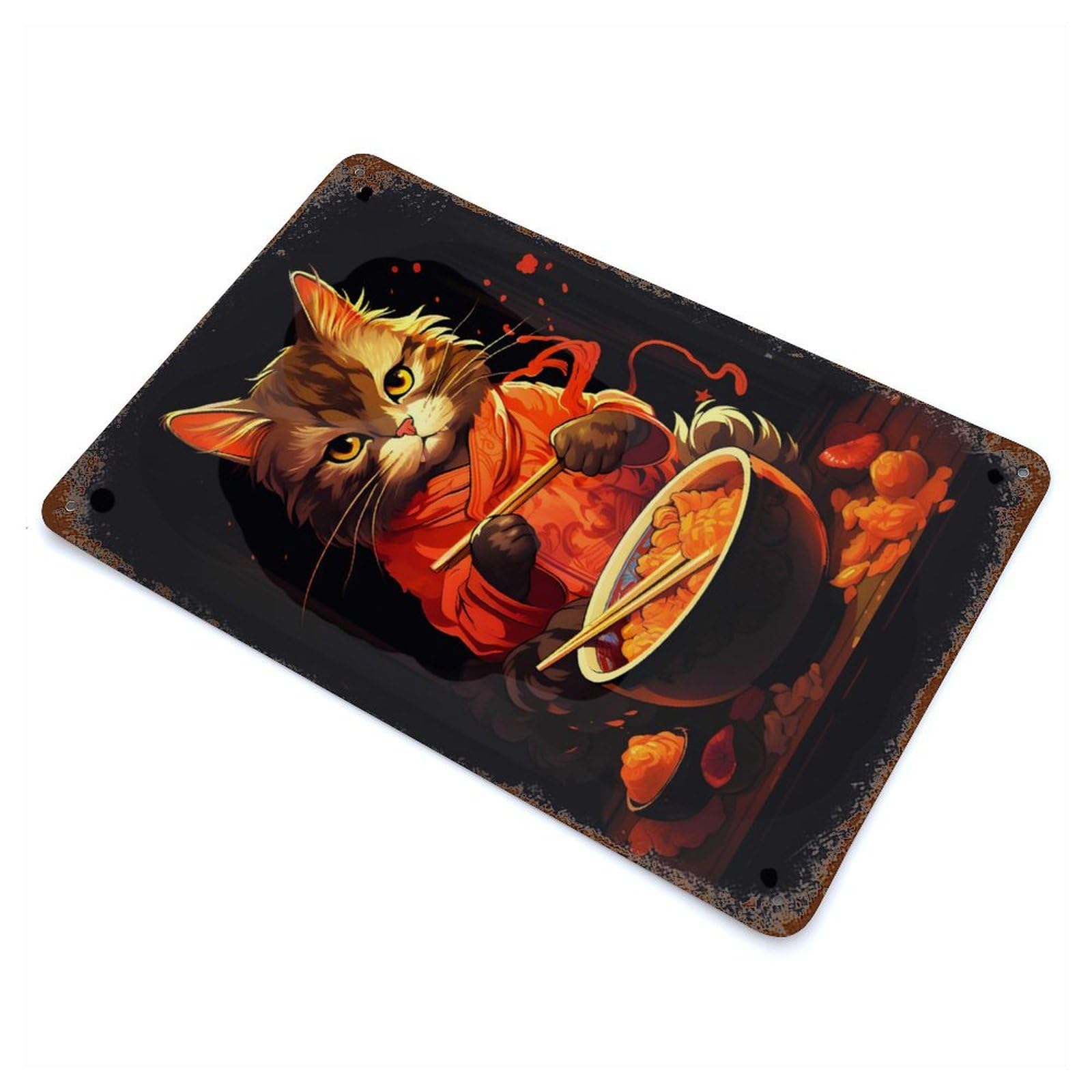 Rust Effect Cute Cat Eating Ramen Decorative Tin Sign 11.8"x7.9", Rustic Home Decor for Cafe, Home Bar And Lounge Decor