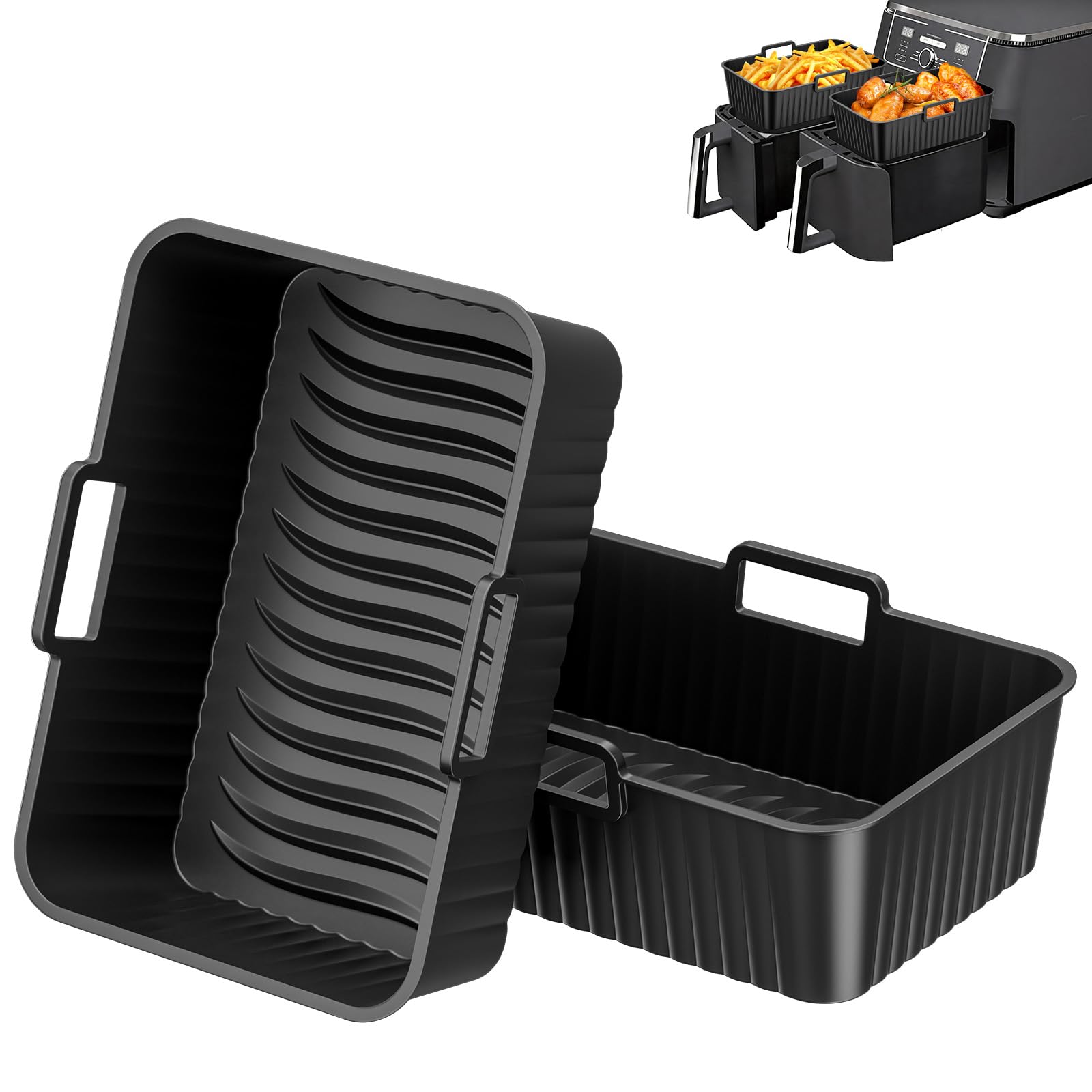Diboniur Molde Silicona Freidora de Aire - 7.6L 8L 9L 10L Doble Cesta - 2 Piezas Recipiente Air Fryer, Bandeja Accesorios Airfryer, Reutilizable (Negro)