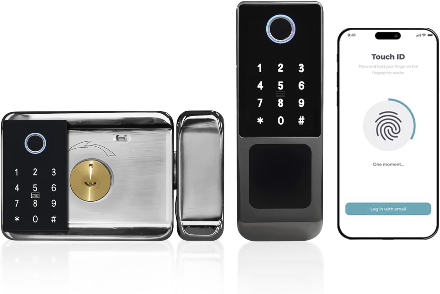 smart latch double gate lock, electronic gate latch for outdoor fence, waterproof keyless smart rim lock, electric double sided keypad locks, Fingerprint, Passcode, Key, IC Card, Tuya App