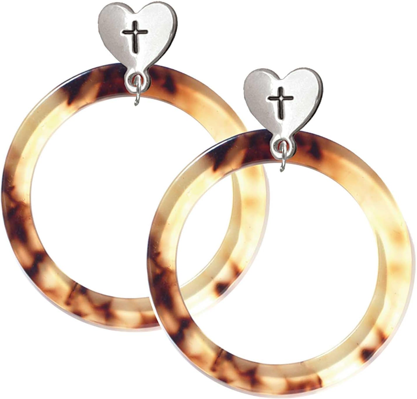 Delight Jewelry Acrylic 1 1/2" Ring Silvertone Cross in Heart Post Dangle Earrings