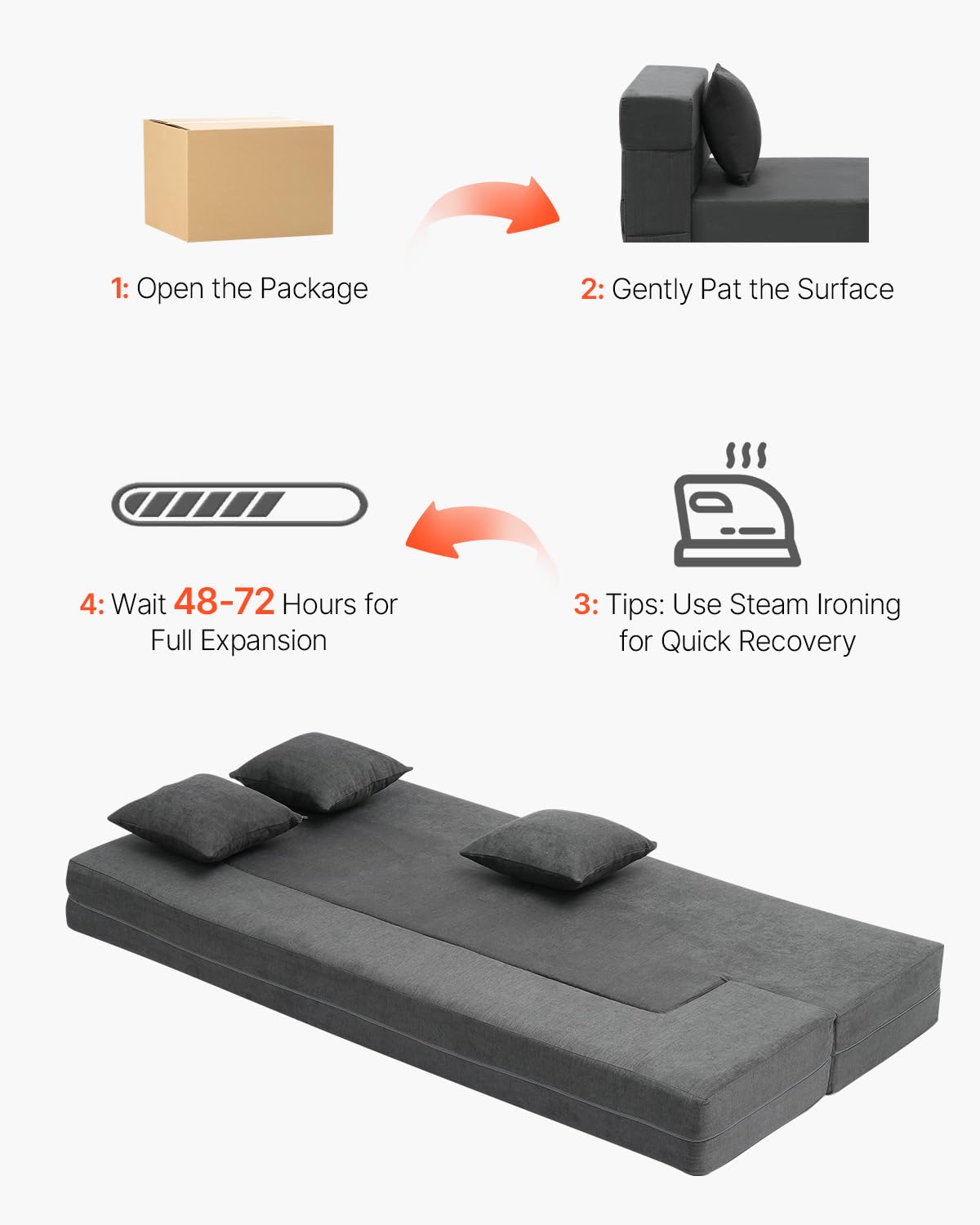 VEVOR Canapé-lit pliant 3 en 1, fauteuil-lit convertible pliable avec 3 oreillers et housse lavable, canapé-lit futon en mousse à mémoire de forme, pour salon, chambre, gris foncé, 103 x 193 cm (Twin)