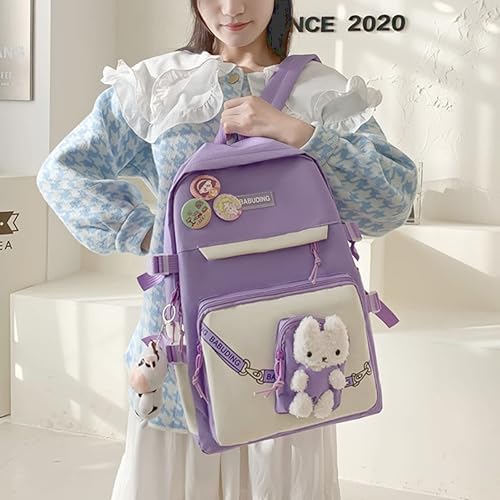 Miniatura 4 de Mochila de viaje escolar de 5 piezas de dibujos animados para mujer, con colgante de vaca y conejito kawaii, alfileres de dibujos animados, bolsa
