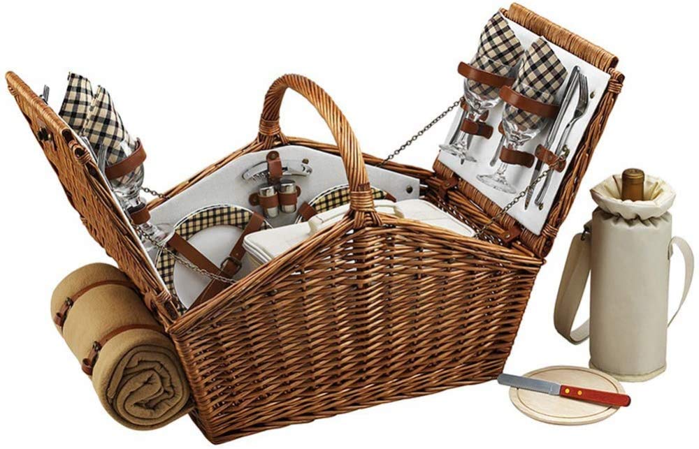Panier de pique-nique, panier de pique-nique en rotin, panier à fruits, panier de rangement portable en rotin, panier de courses portable avec couvercle, panier de rangement, 46 x 31 x 20 cm