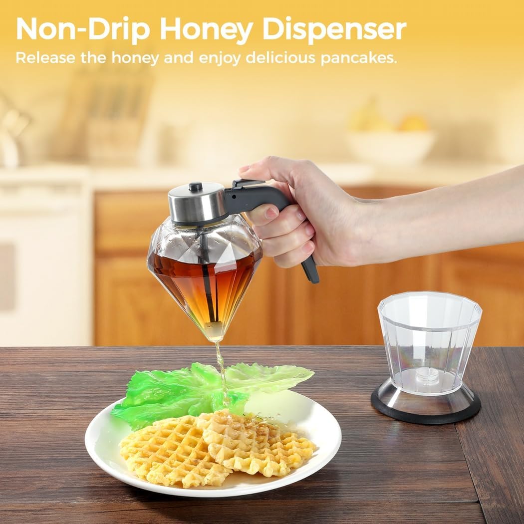 Elegant Diamond-Shaped Glass Honey Dispenser, Syrup And Sauce Jar With Stand Base, Drip-Free Honey Pot For Oil, Vinegar, And Soy Sauce