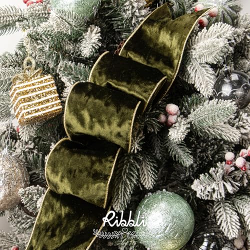 Image of Ribbli Olive Green Velvet Wired Ribbon 4 Inch Metallic Green Gold Crushed Velvet Christmas Ribbon for Gift Wrapping Christmas Tree Decoration Crafts Wreaths Supplies-Continuous 10 Yards