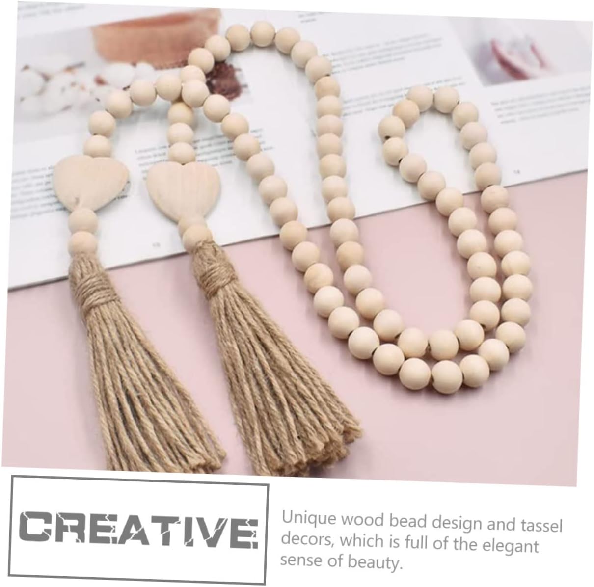 Abaodam Wood Bead Garland with Tassels Heart Bead Garland Hanging Decor 35.43In Rustic Farmhouse Home Decor for Wall Shelf Tray Table Wedding Valentine Baby Shower