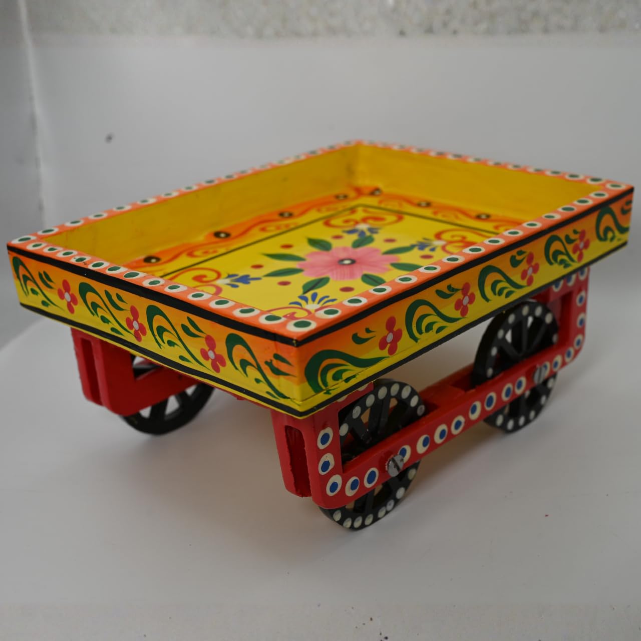 Handcrafted Wooden Decorative Trolley Tray | Traditional Hand-Painted Square Serving & Display Tray with Wheels for Home Decor & Gifting (Yellow) 4
