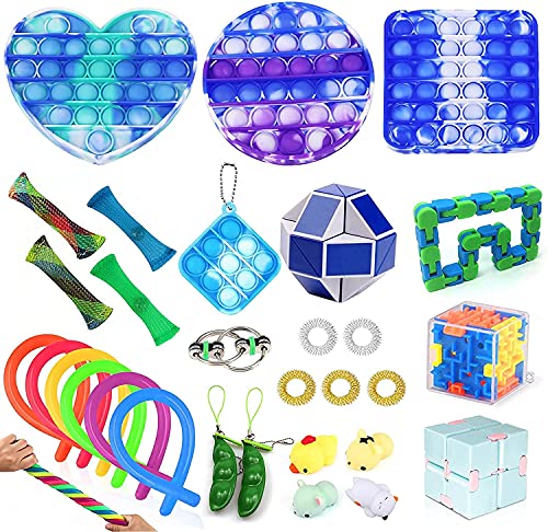 RURING 30pcs Fidget Toys Sensory Fidget Toys Set Tangle Fidget Toys Anti-Anxiety Tools and Special Toys Fidget Toys Relieves Stress Squeeze Toy for Birthday Party Blue